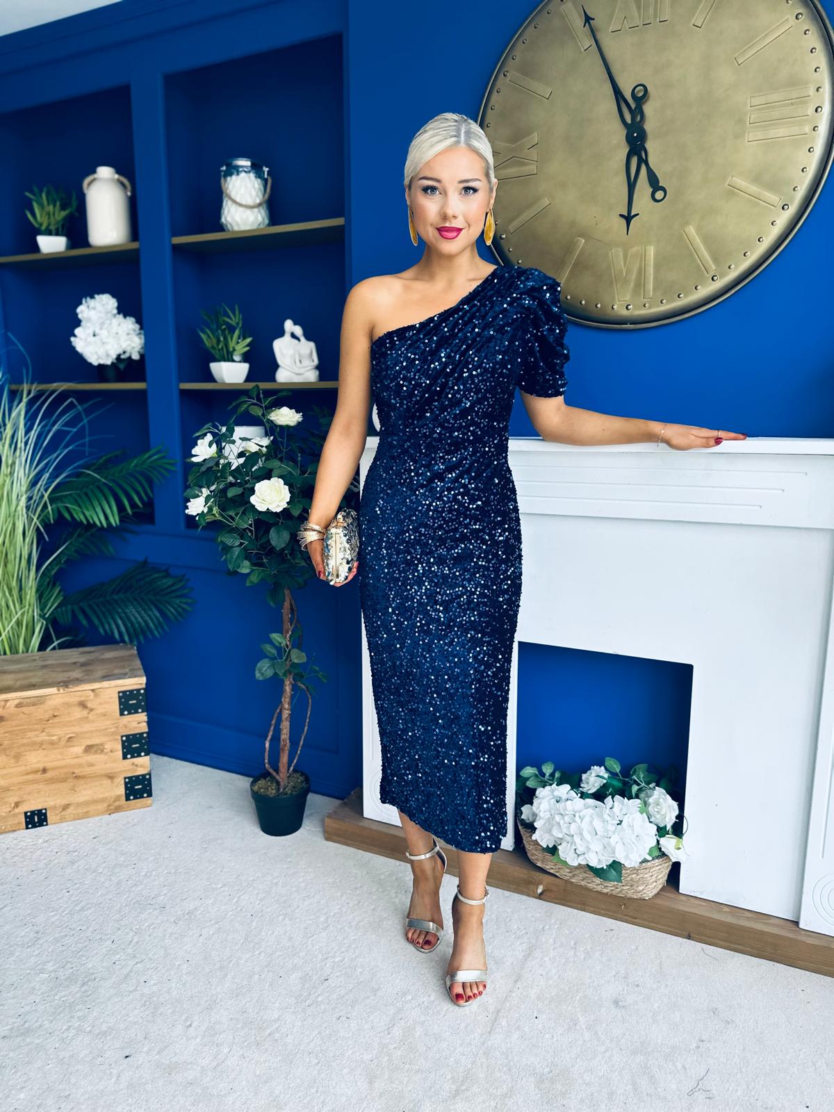 Daniella Sequin Occasion Midi Dress Navy
