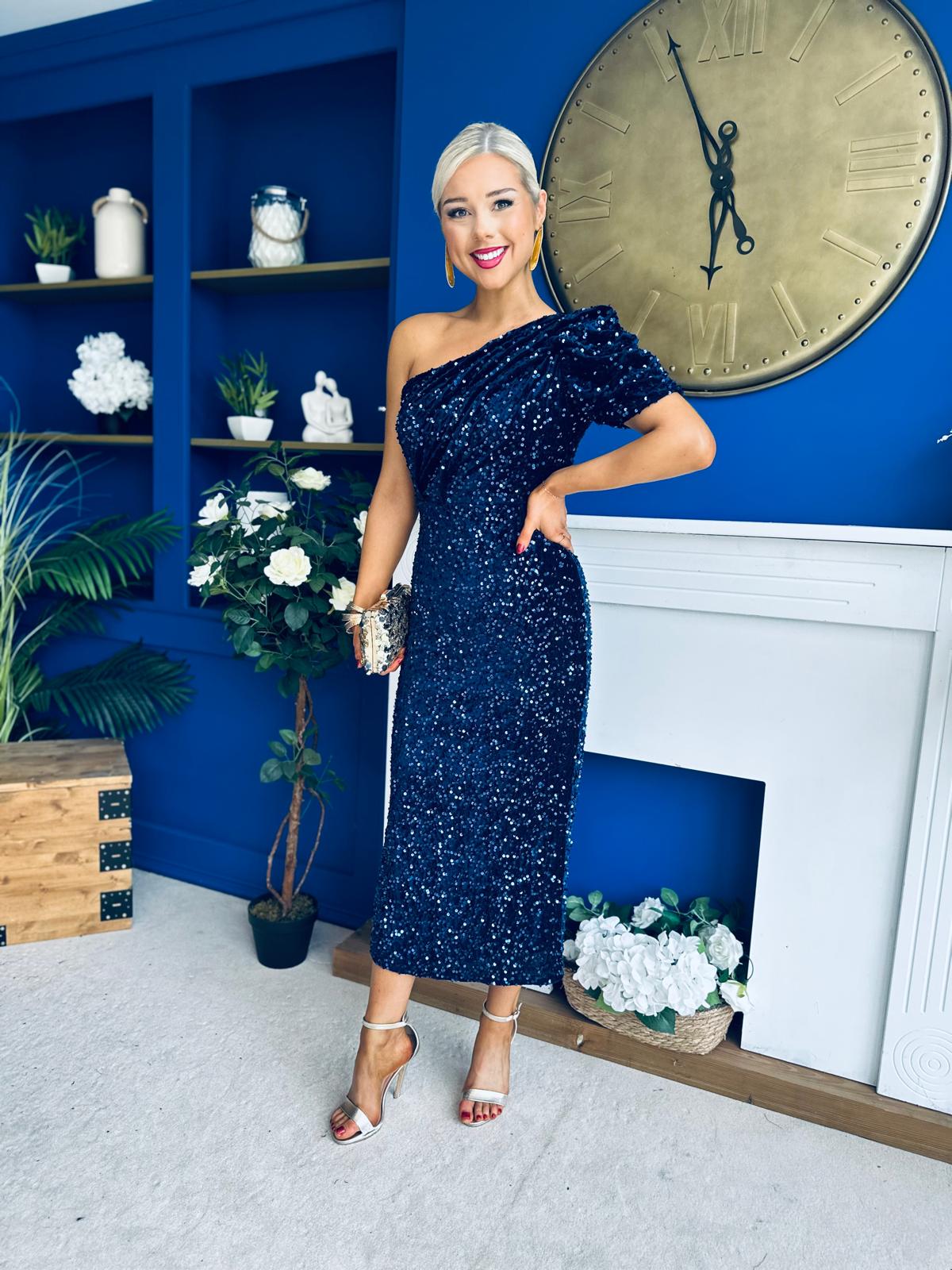 Daniella Sequin Occasion Midi Dress Navy