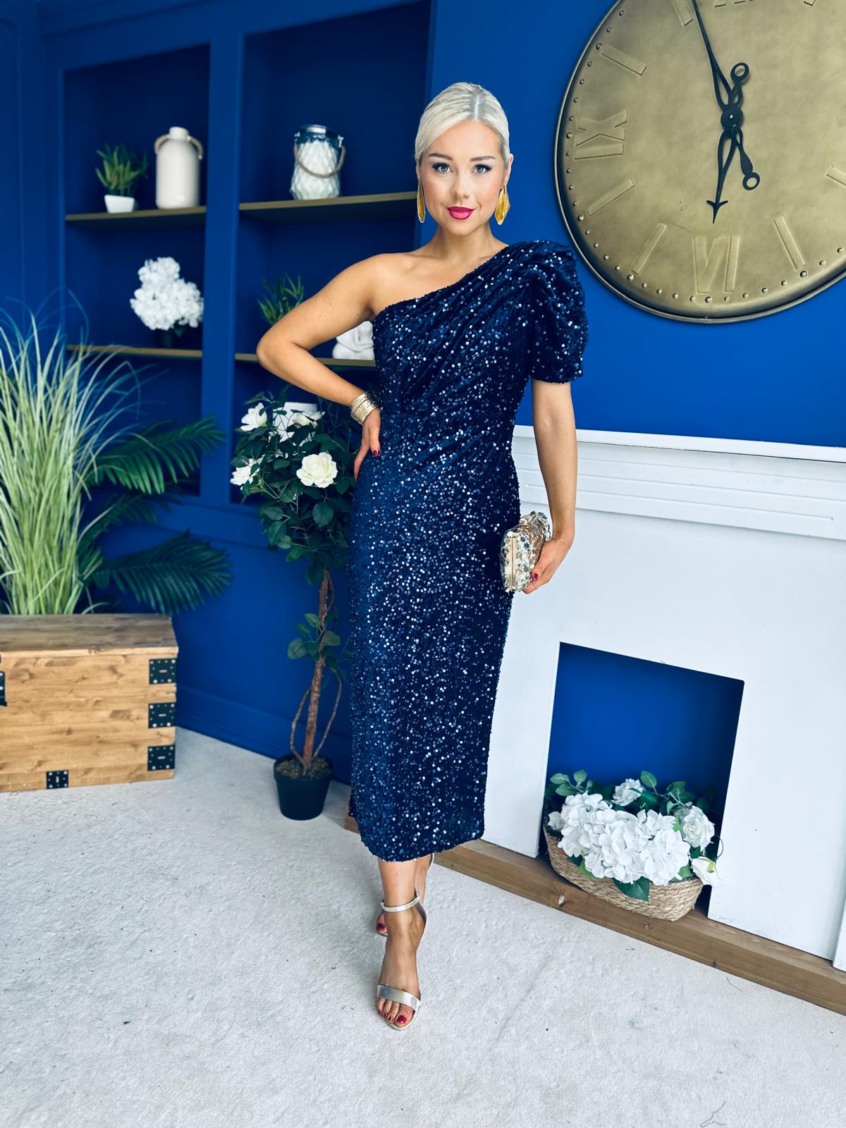 Daniella Sequin Occasion Midi Dress Navy