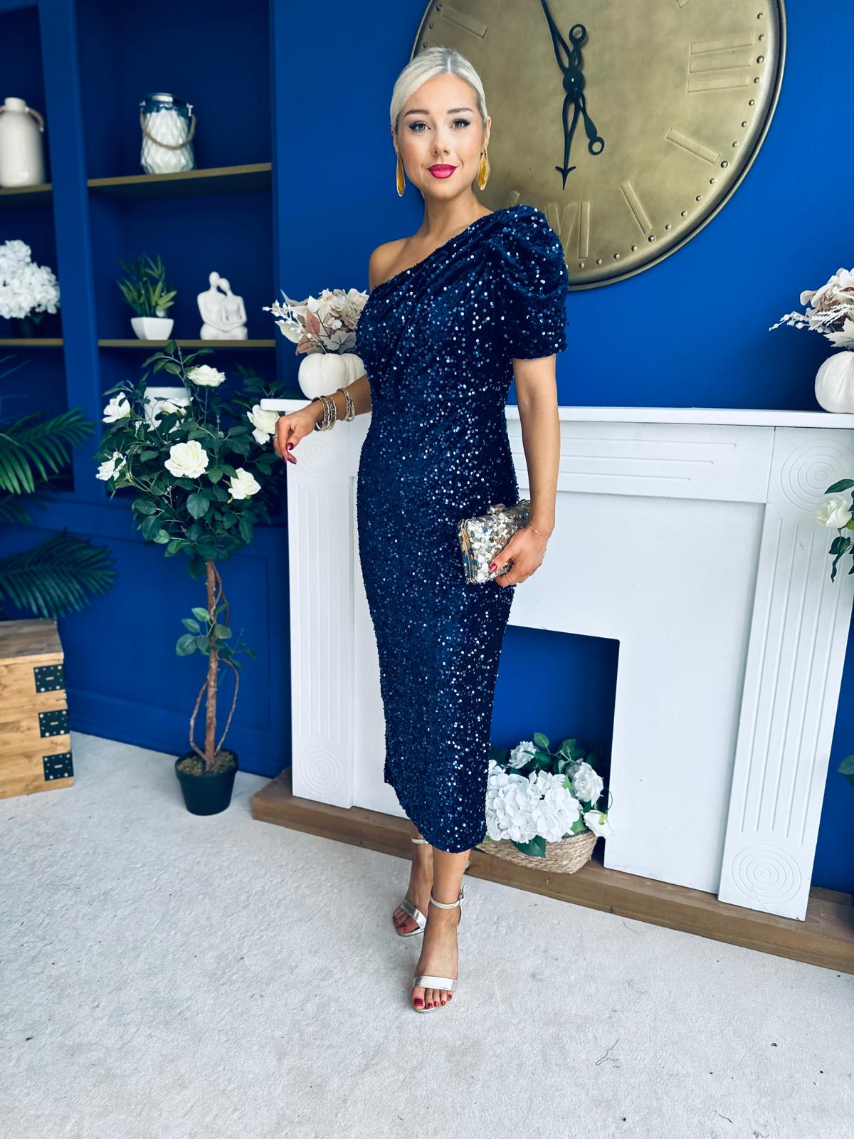 Daniella Sequin Occasion Midi Dress Navy