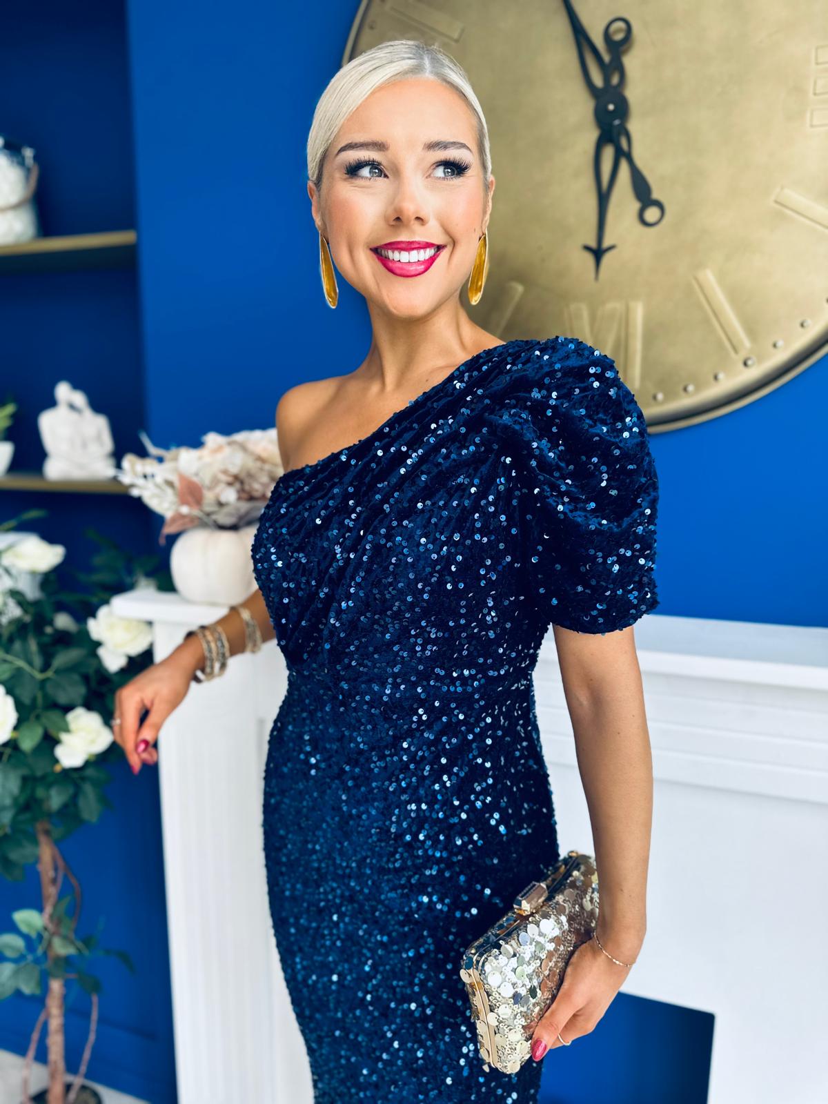 Daniella Sequin Occasion Midi Dress Navy