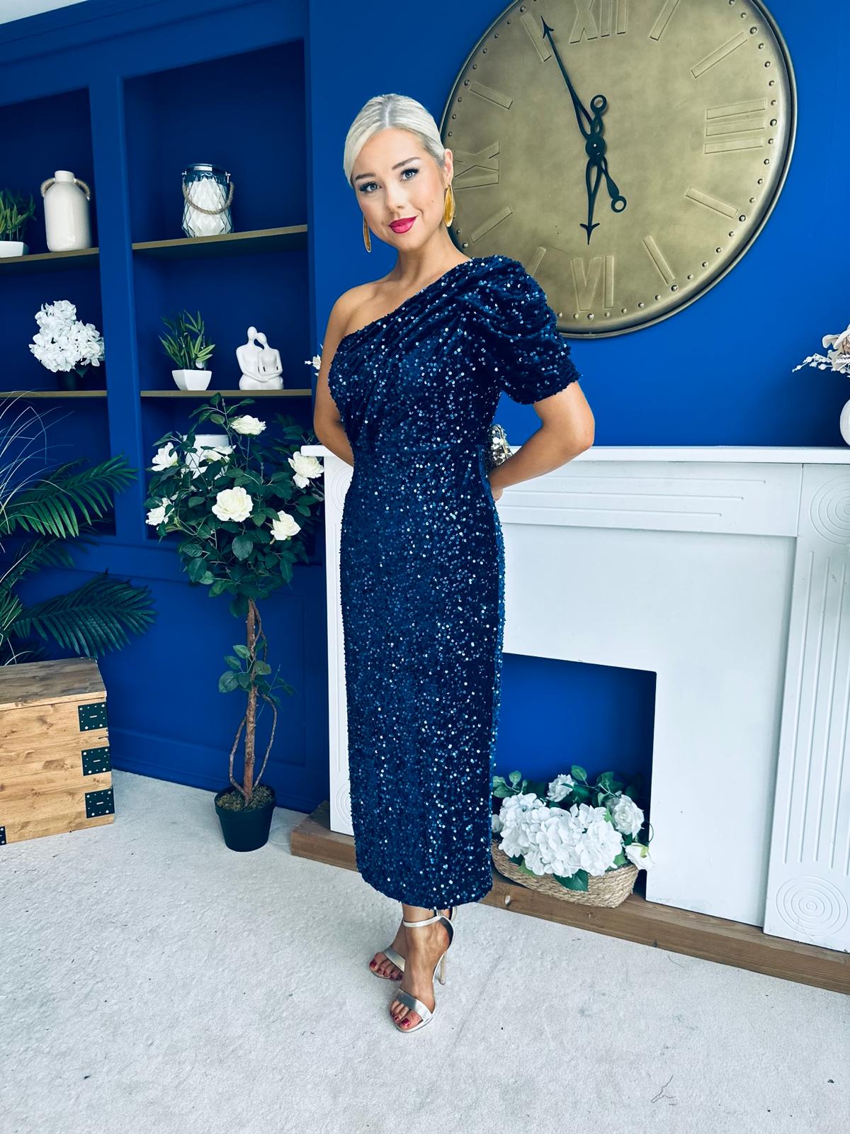 Daniella Sequin Occasion Midi Dress Navy