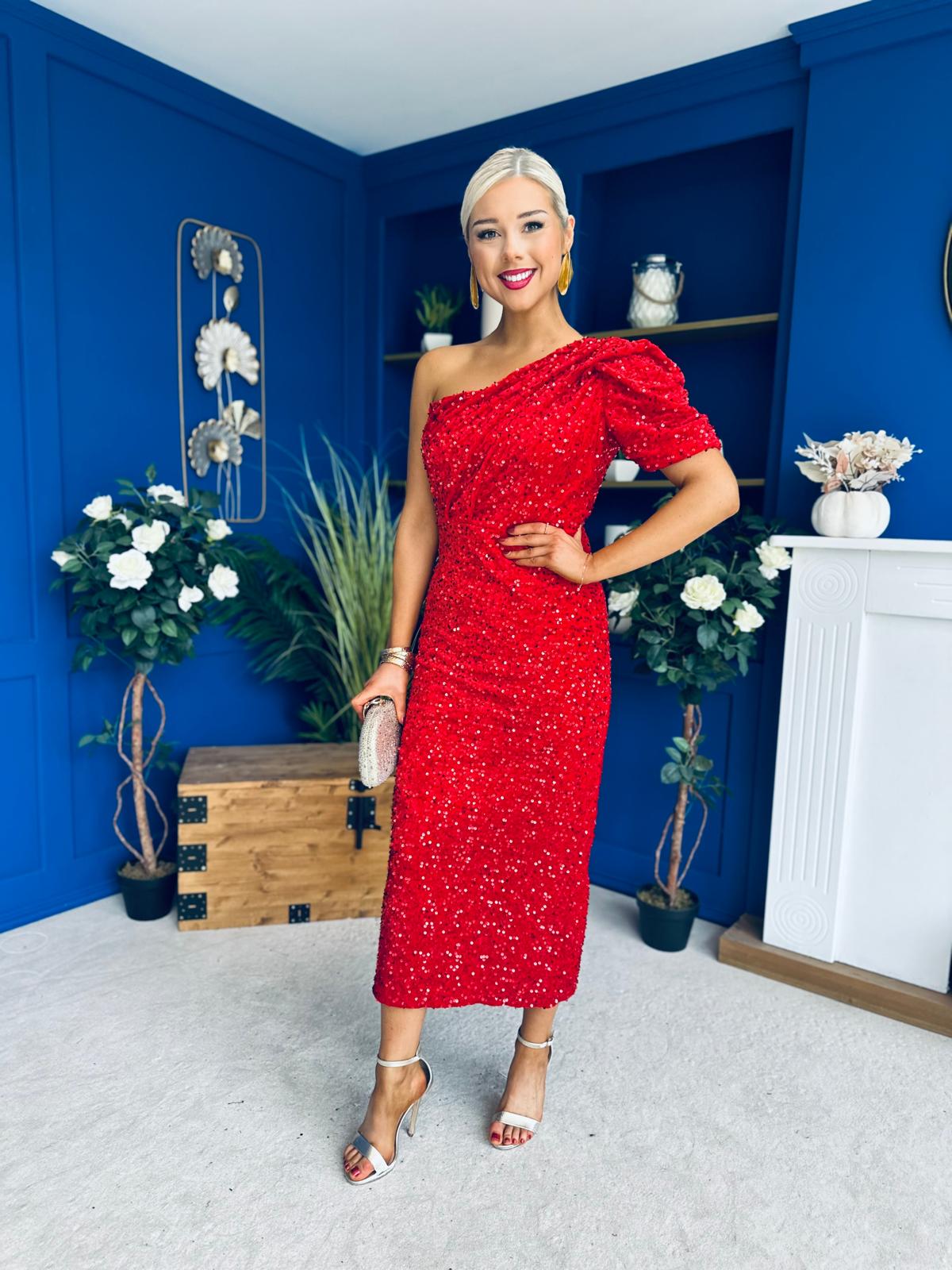 Daniella Sequin Occasion Midi Dress Red