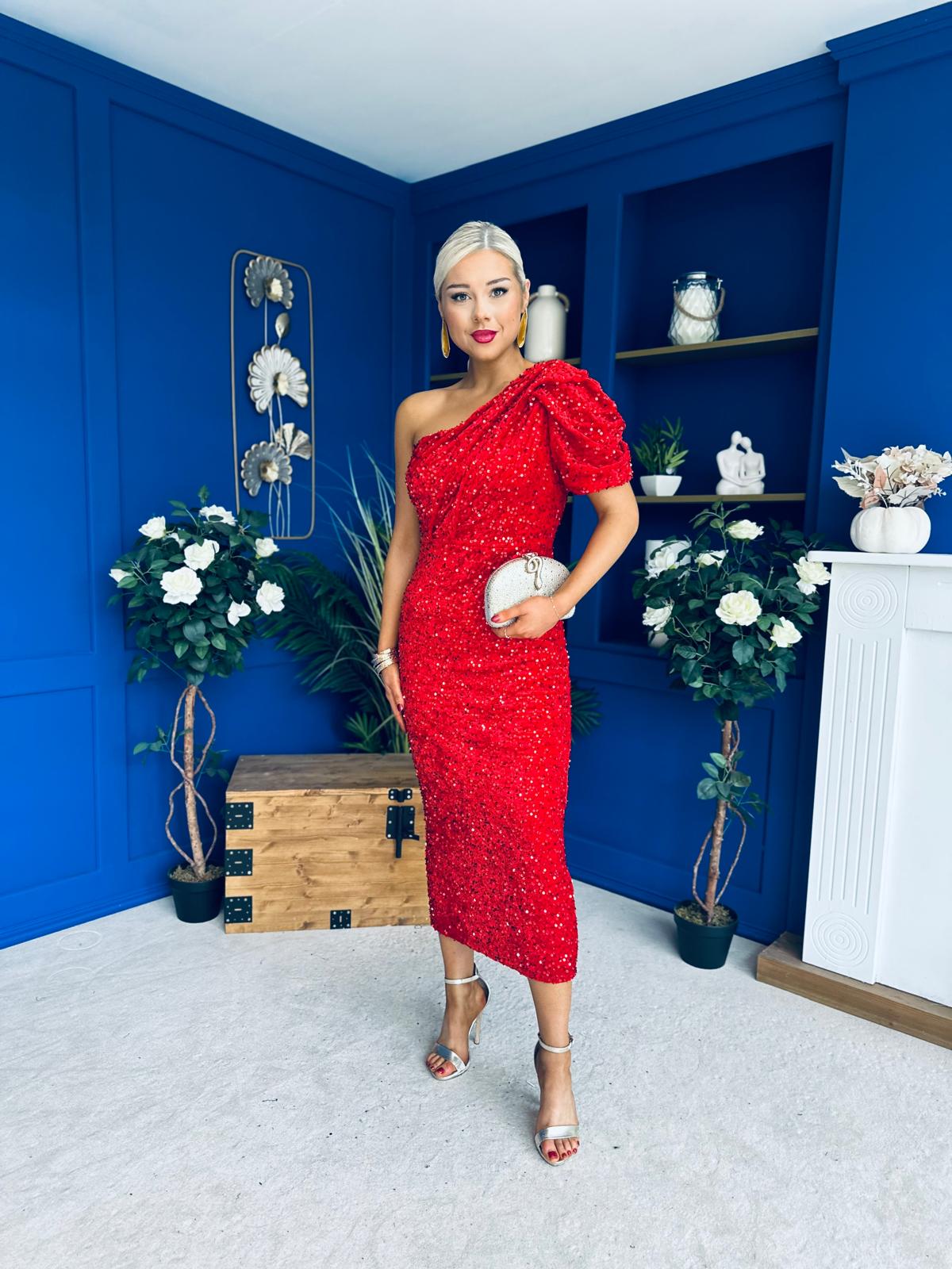 Daniella Sequin Occasion Midi Dress Red