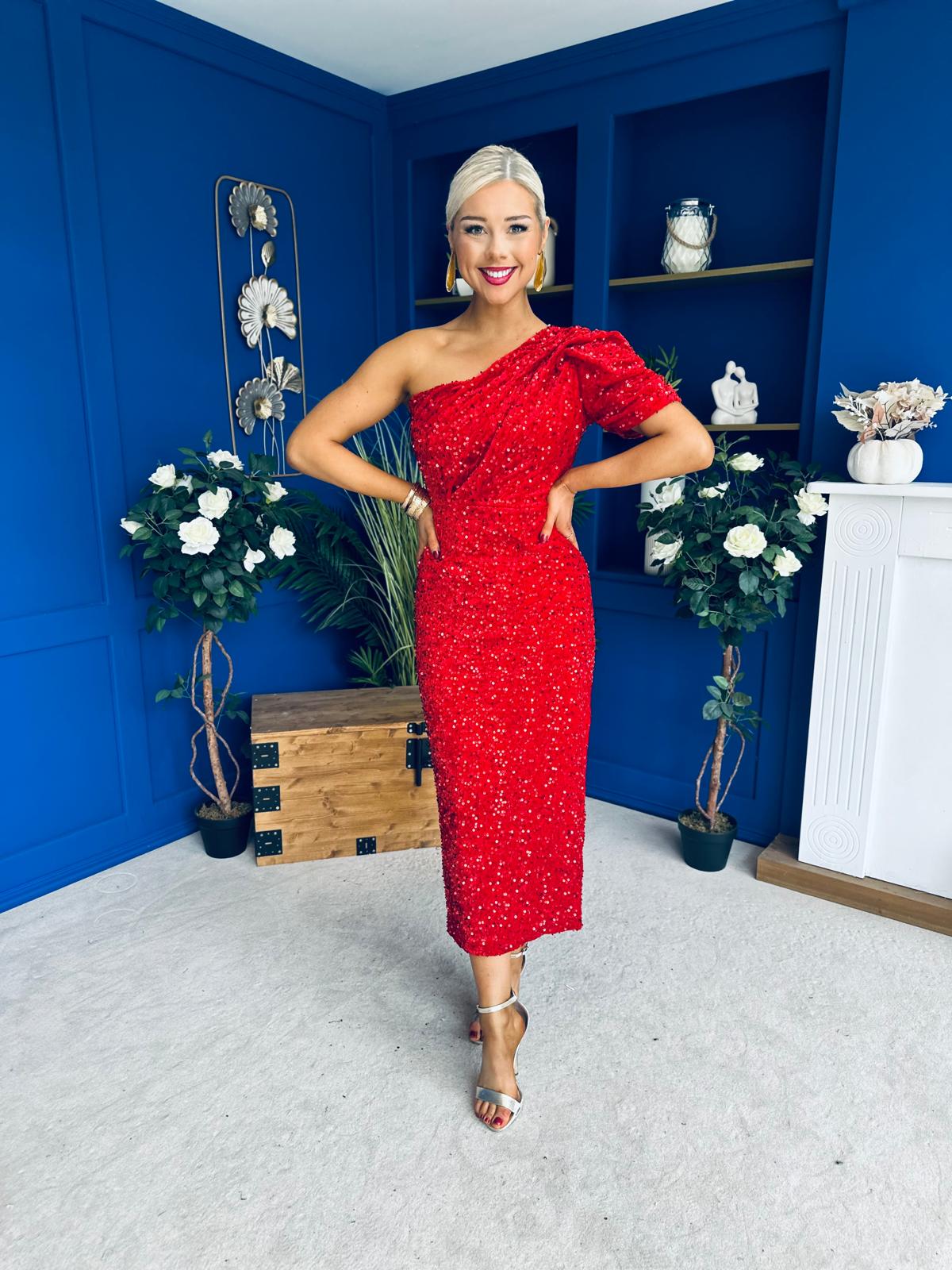 Daniella Sequin Occasion Midi Dress Red