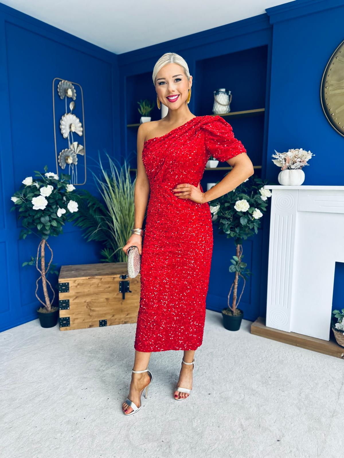 Daniella Sequin Occasion Midi Dress Red