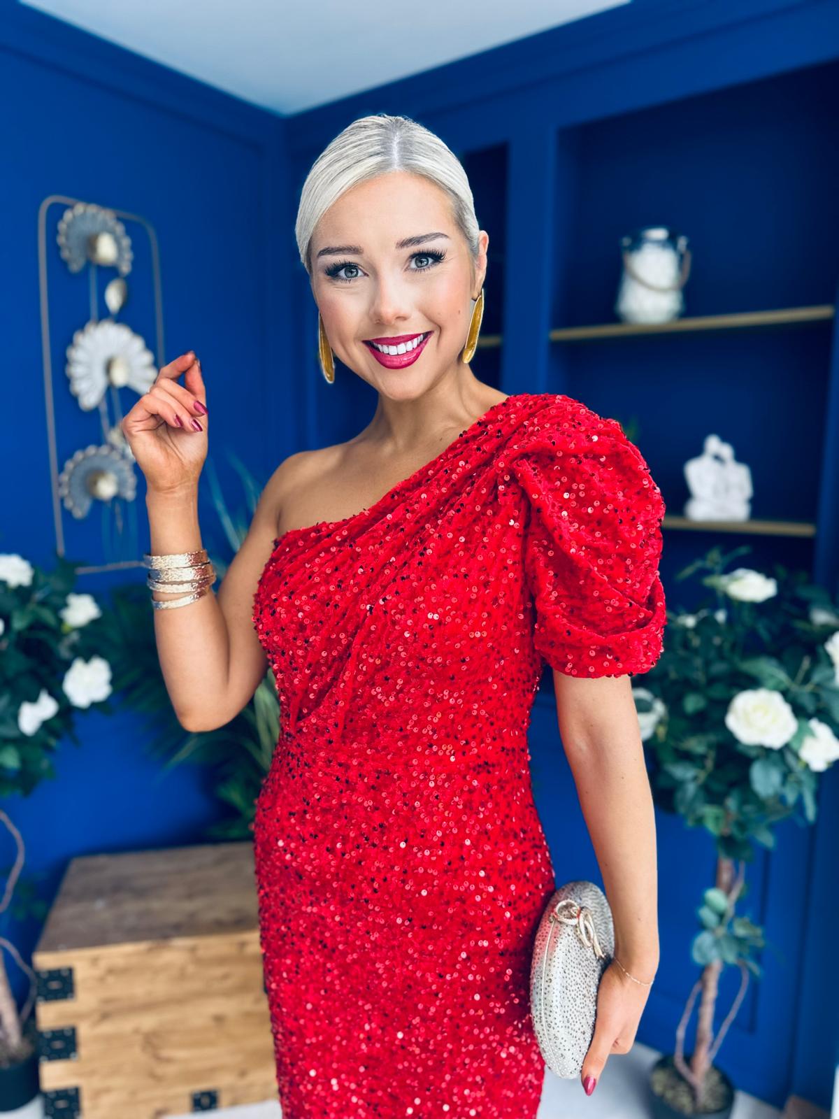 Daniella Sequin Occasion Midi Dress Red