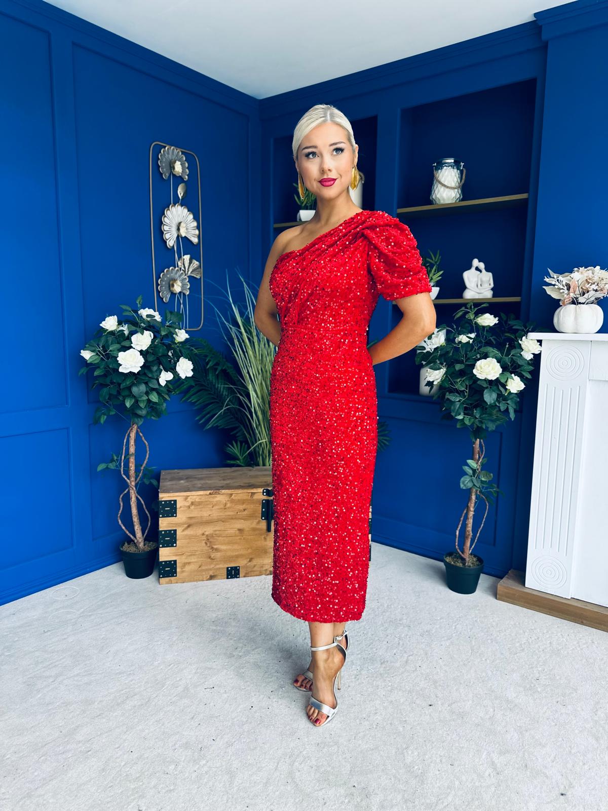 Daniella Sequin Occasion Midi Dress Red
