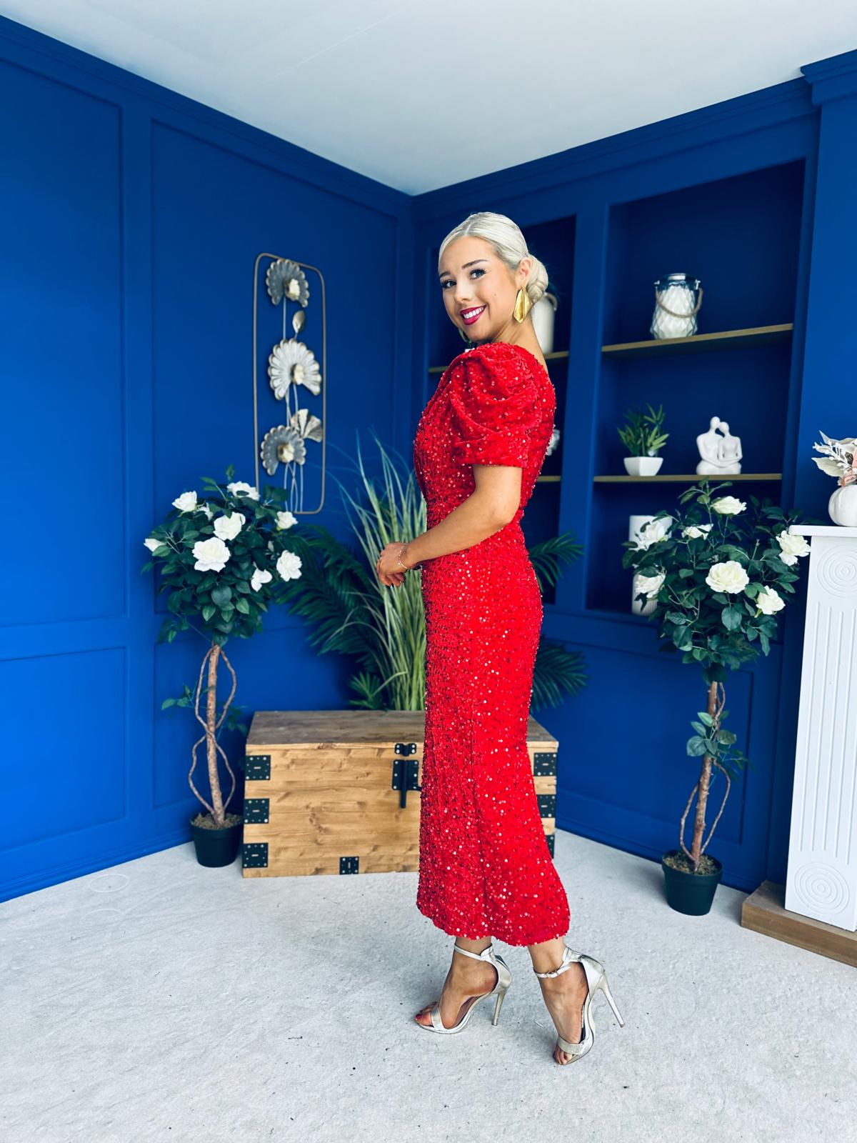 Daniella Sequin Occasion Midi Dress Red