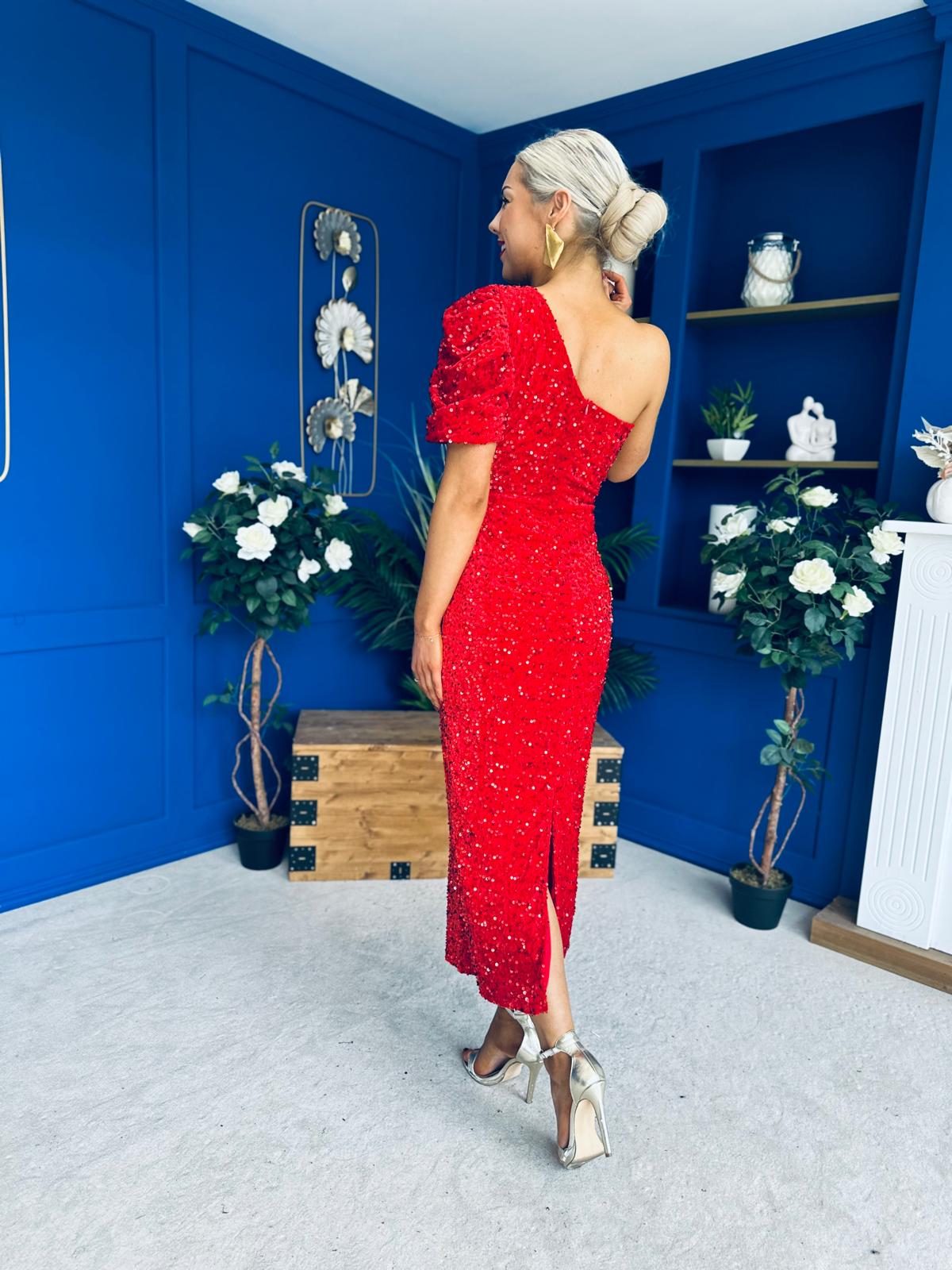 Daniella Sequin Occasion Midi Dress Red