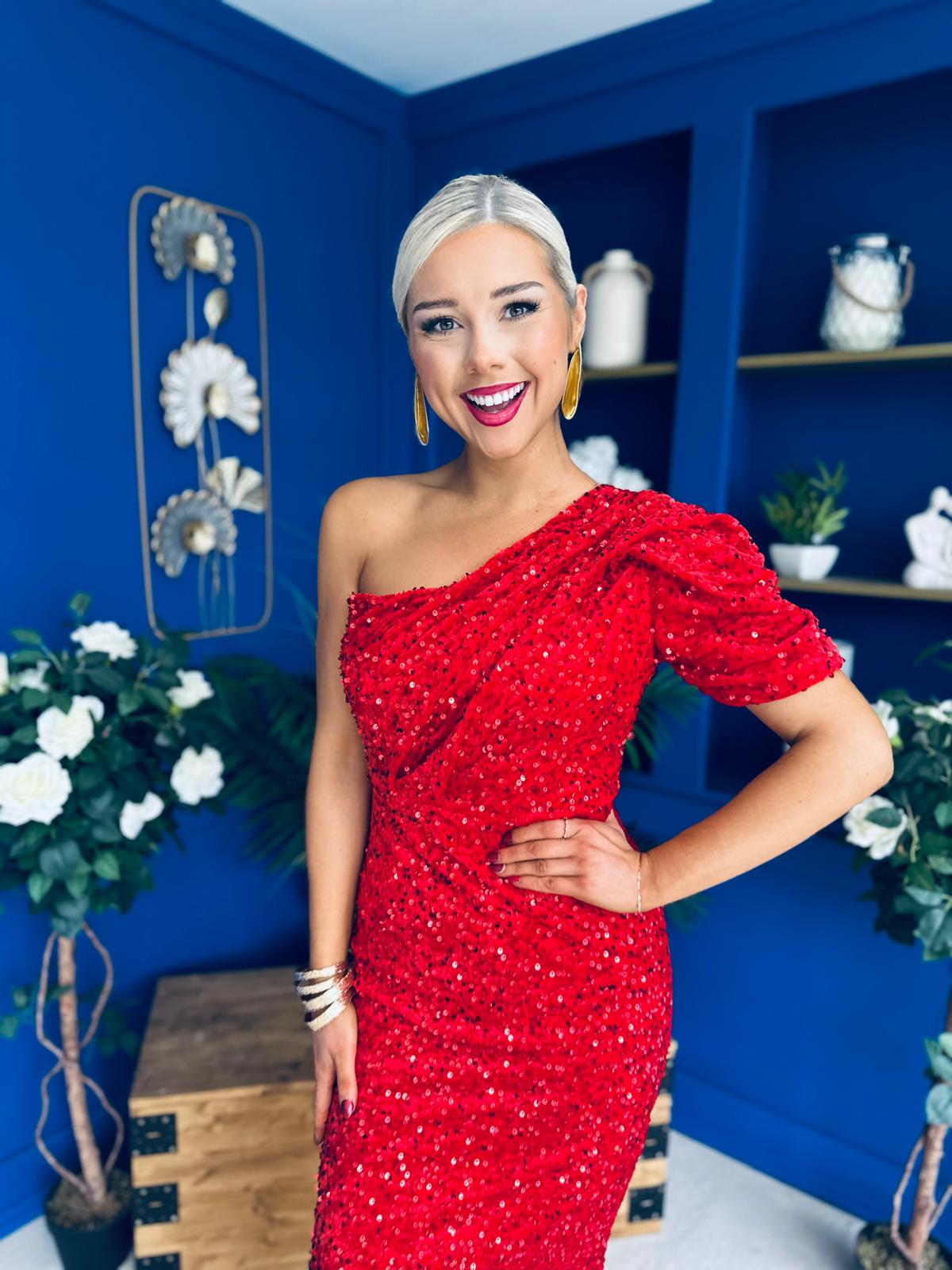 Daniella Sequin Occasion Midi Dress Red