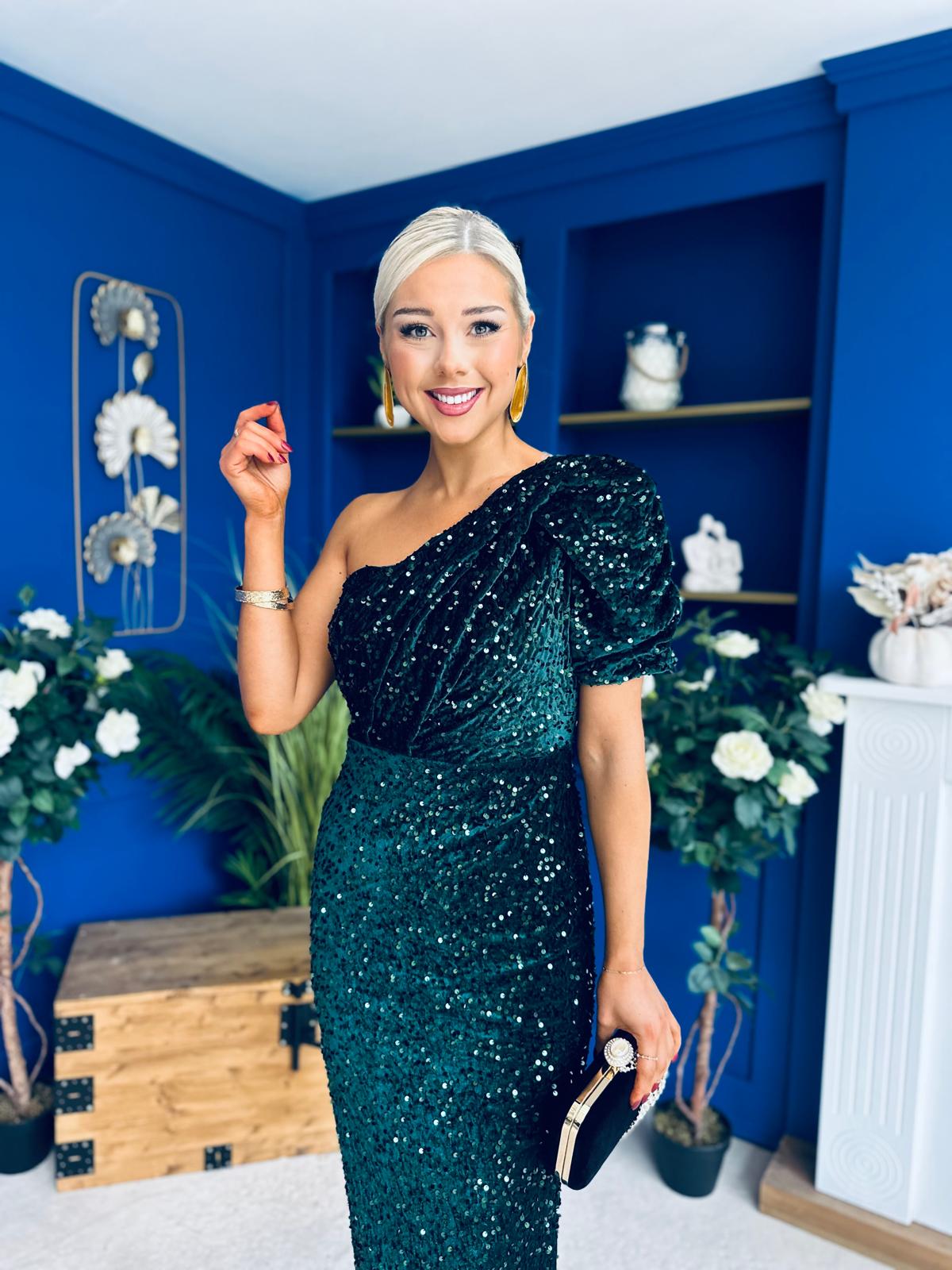 Daniella Sequin Occasion Midi Dress Forest