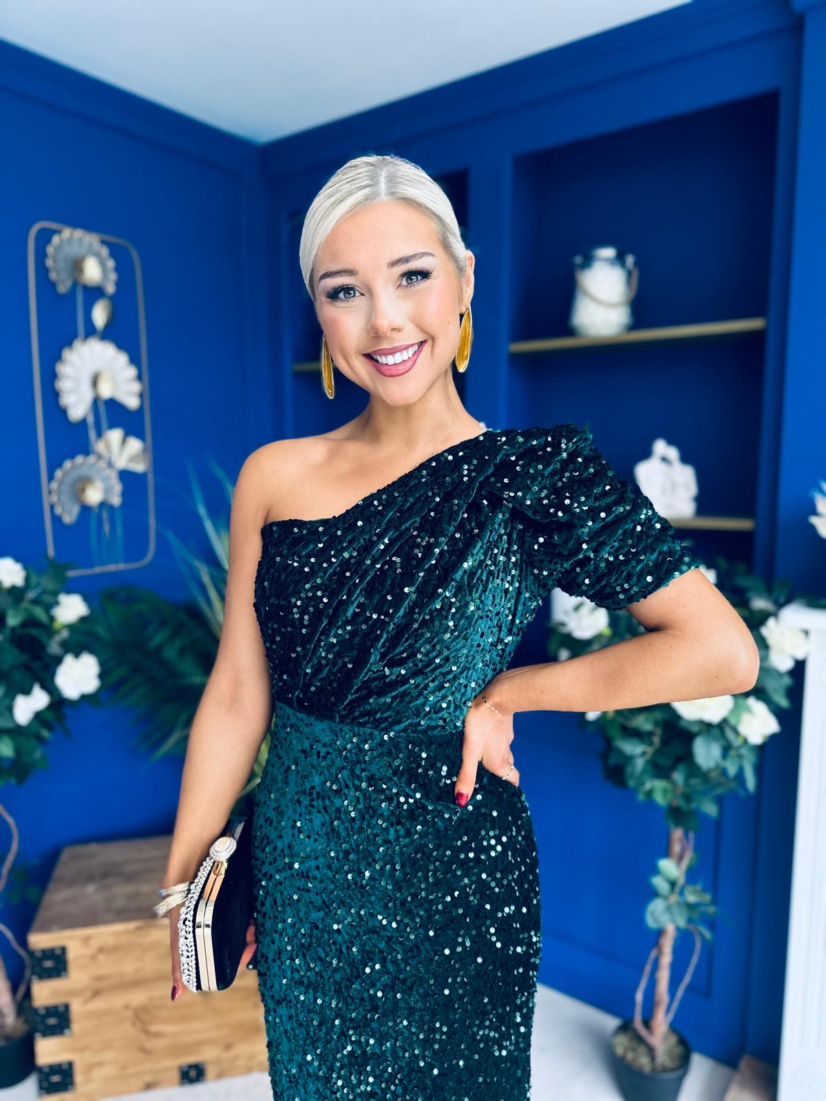 Daniella Sequin Occasion Midi Dress Forest