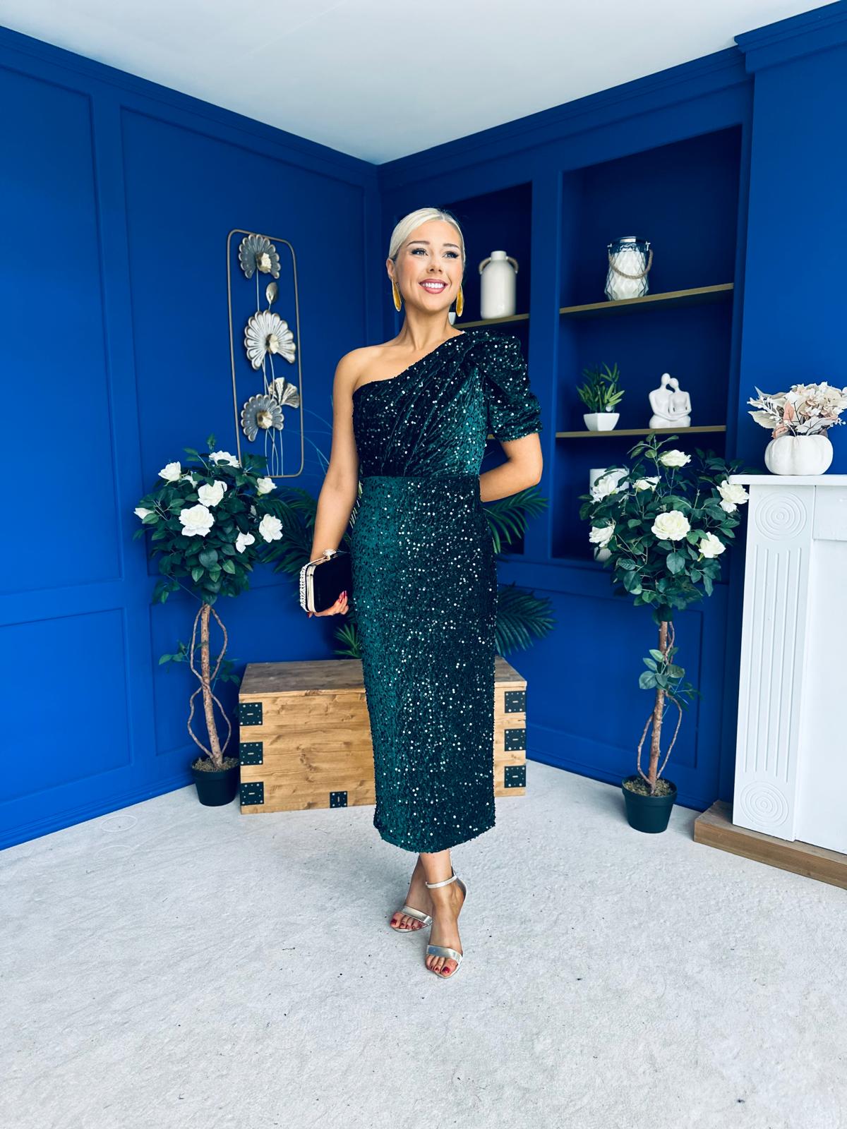 Daniella Sequin Occasion Midi Dress Forest