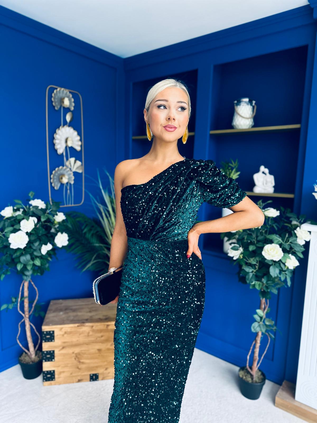 Daniella Sequin Occasion Midi Dress Forest