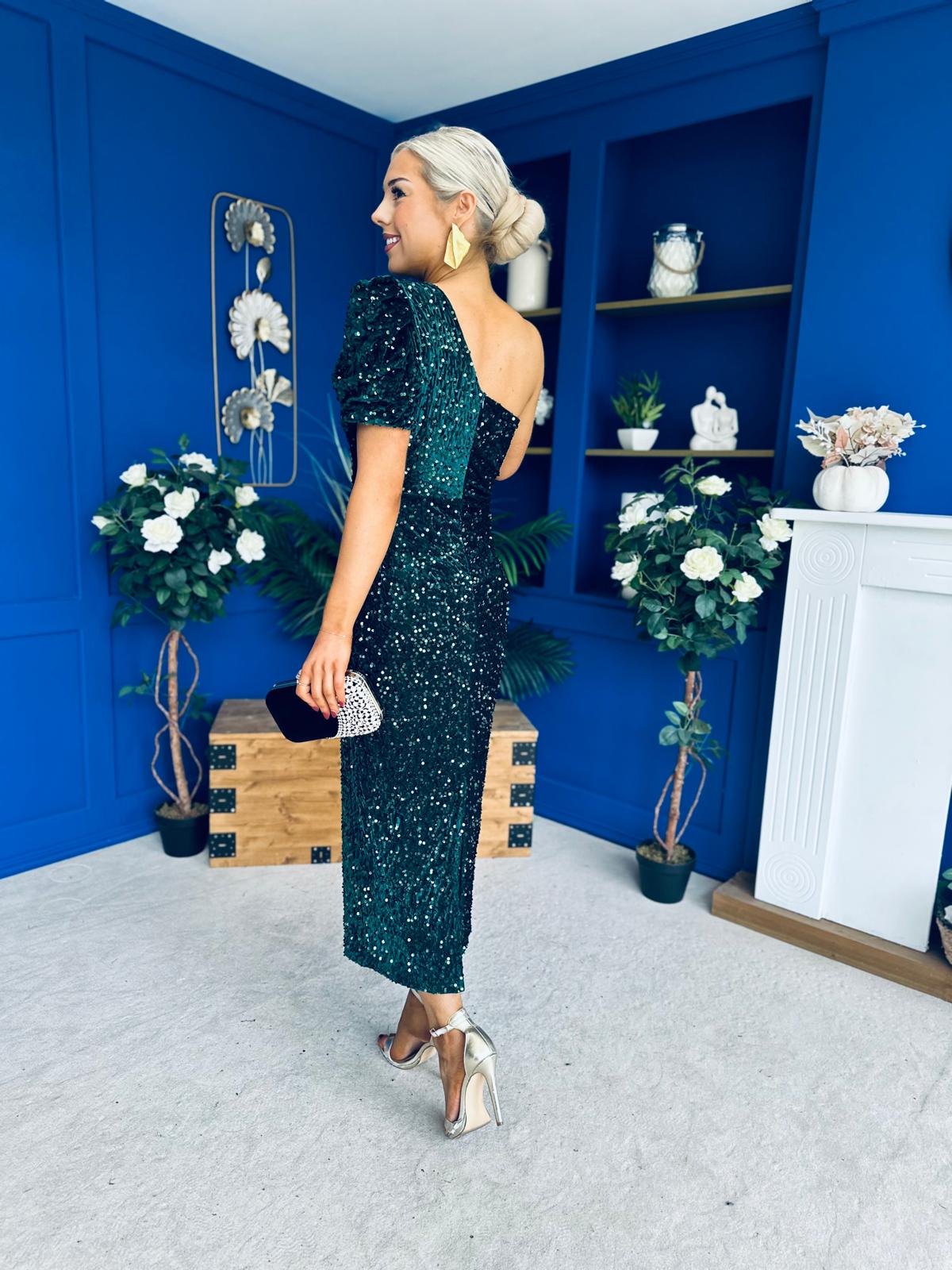 Daniella Sequin Occasion Midi Dress Forest