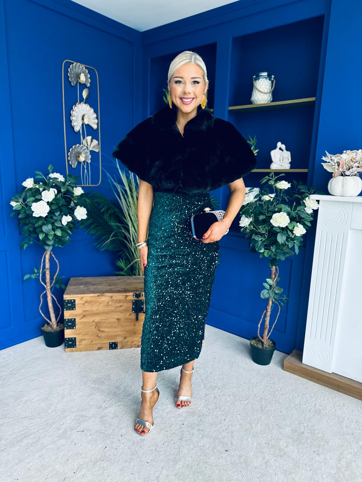 Daniella Sequin Occasion Midi Dress Forest