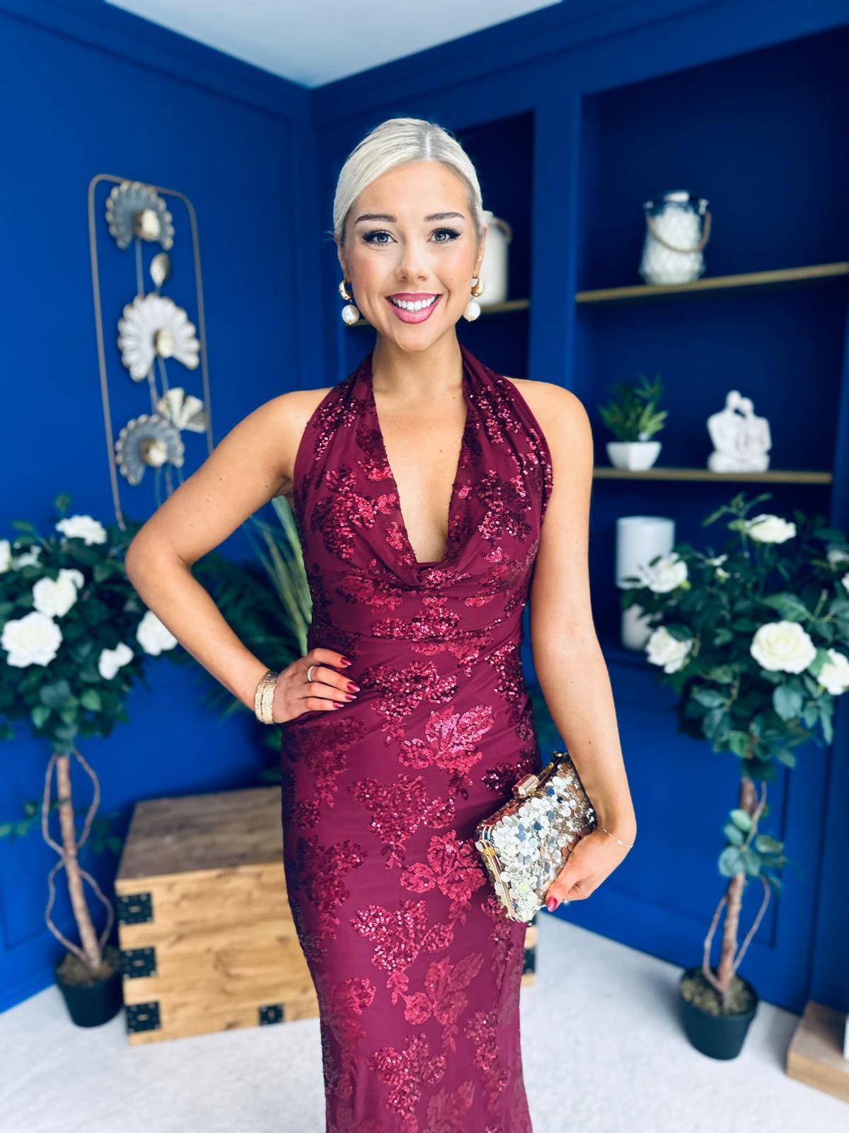 Paula Sequin Detail Halterneck Dress Burgundy