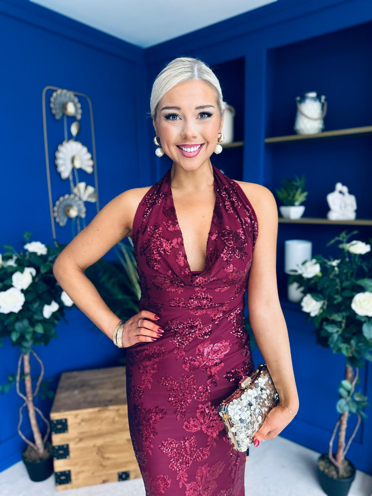 Paula Sequin Detail Halterneck Dress Burgundy