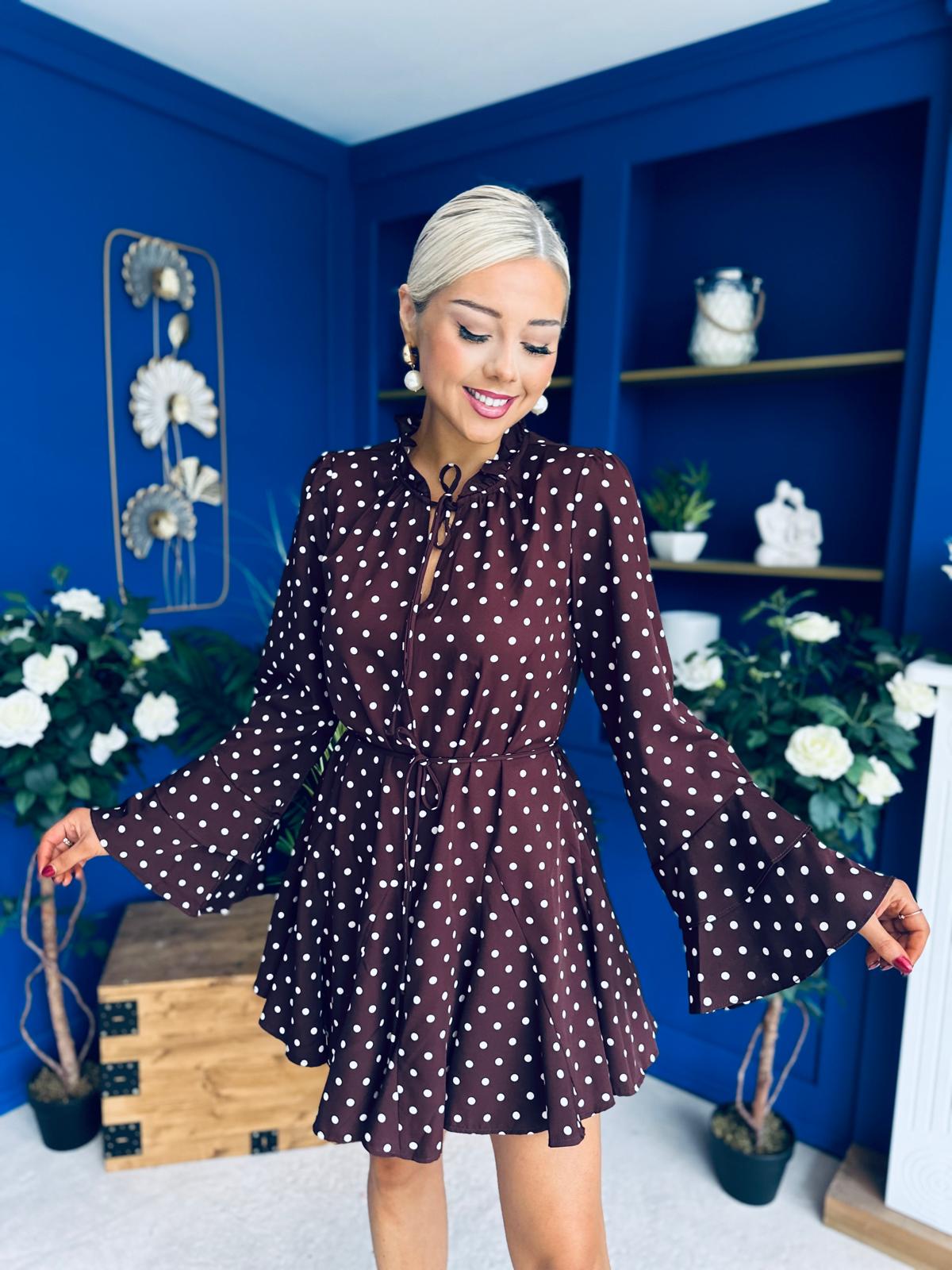 Katie High Neck Mini Dress Polka Chocolate
