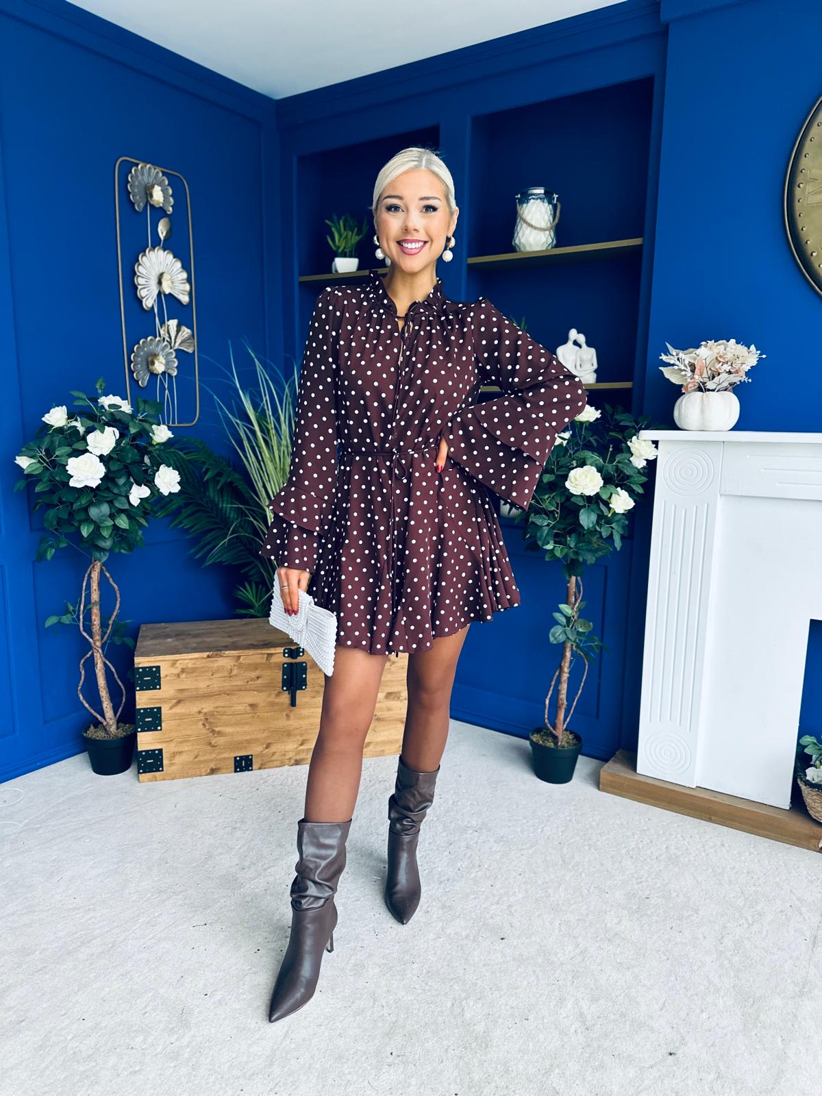 Katie High Neck Mini Dress Polka Chocolate