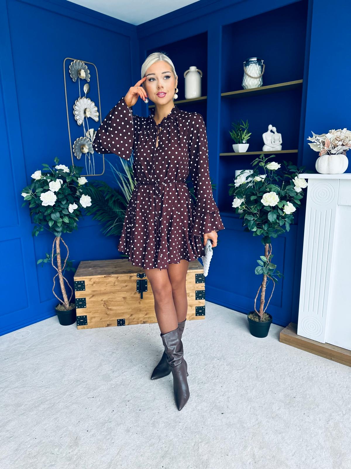 Katie High Neck Mini Dress Polka Chocolate