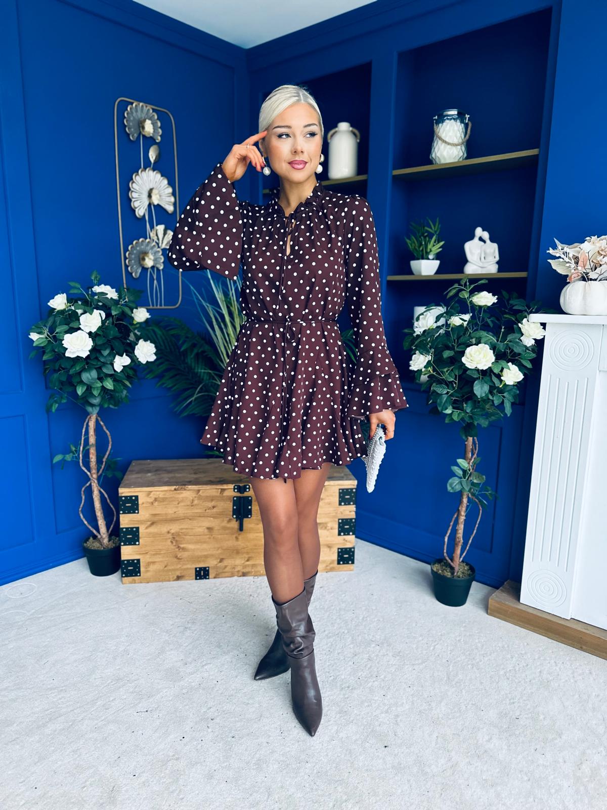 Katie High Neck Mini Dress Polka Chocolate
