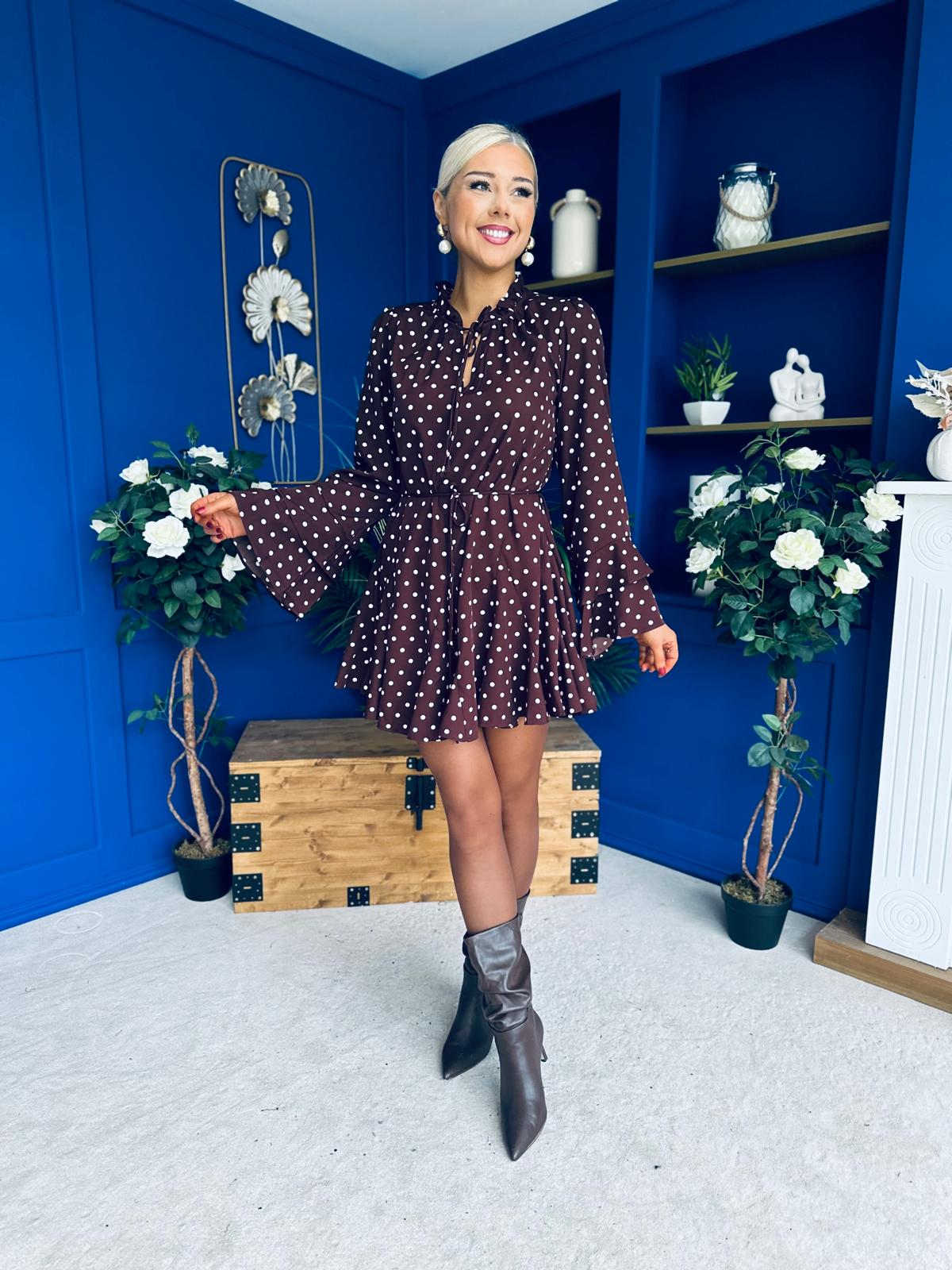 Katie High Neck Mini Dress Polka Chocolate