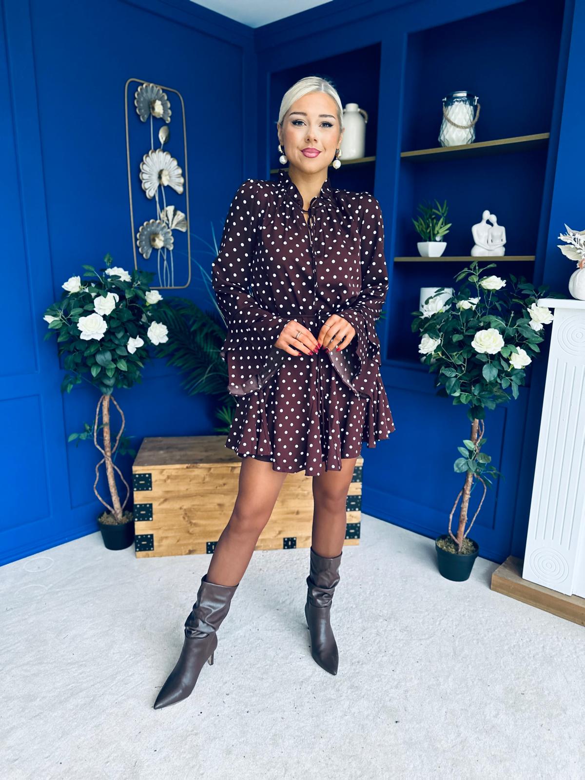 Katie High Neck Mini Dress Polka Chocolate