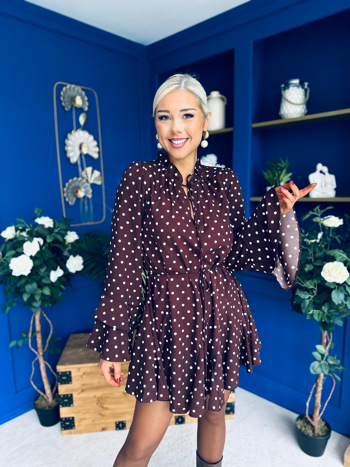 Katie High Neck Mini Dress Polka Chocolate