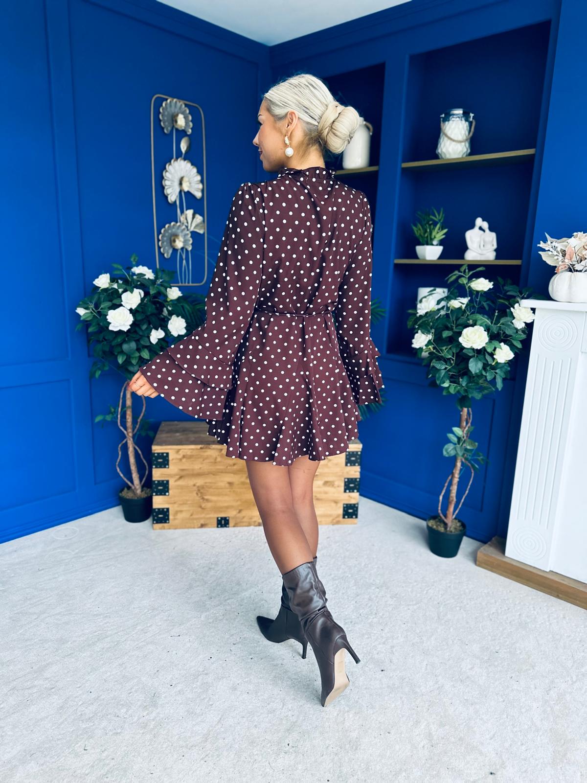 Katie High Neck Mini Dress Polka Chocolate
