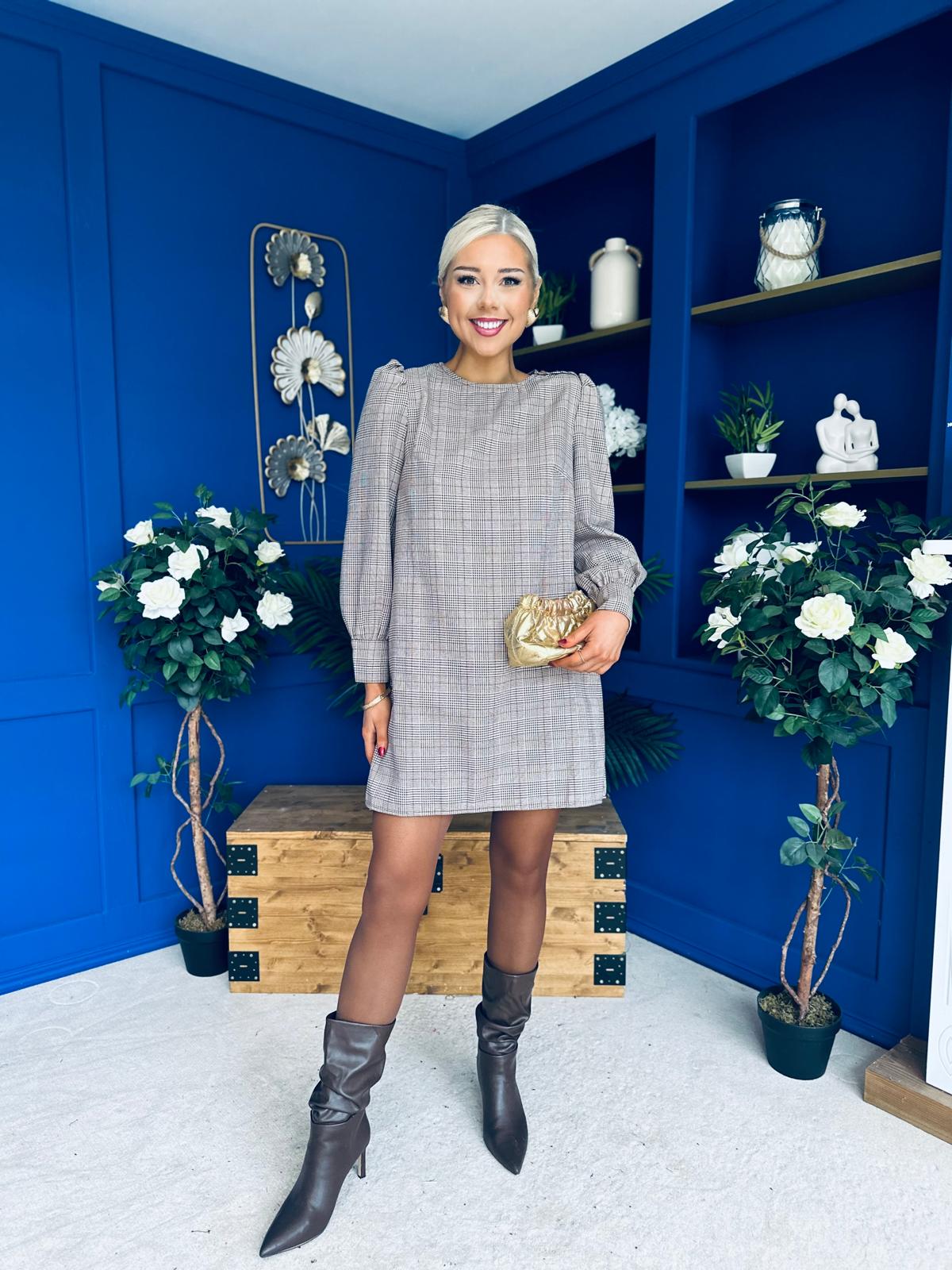 Stephanie Mini Shift Dress Taupe Check