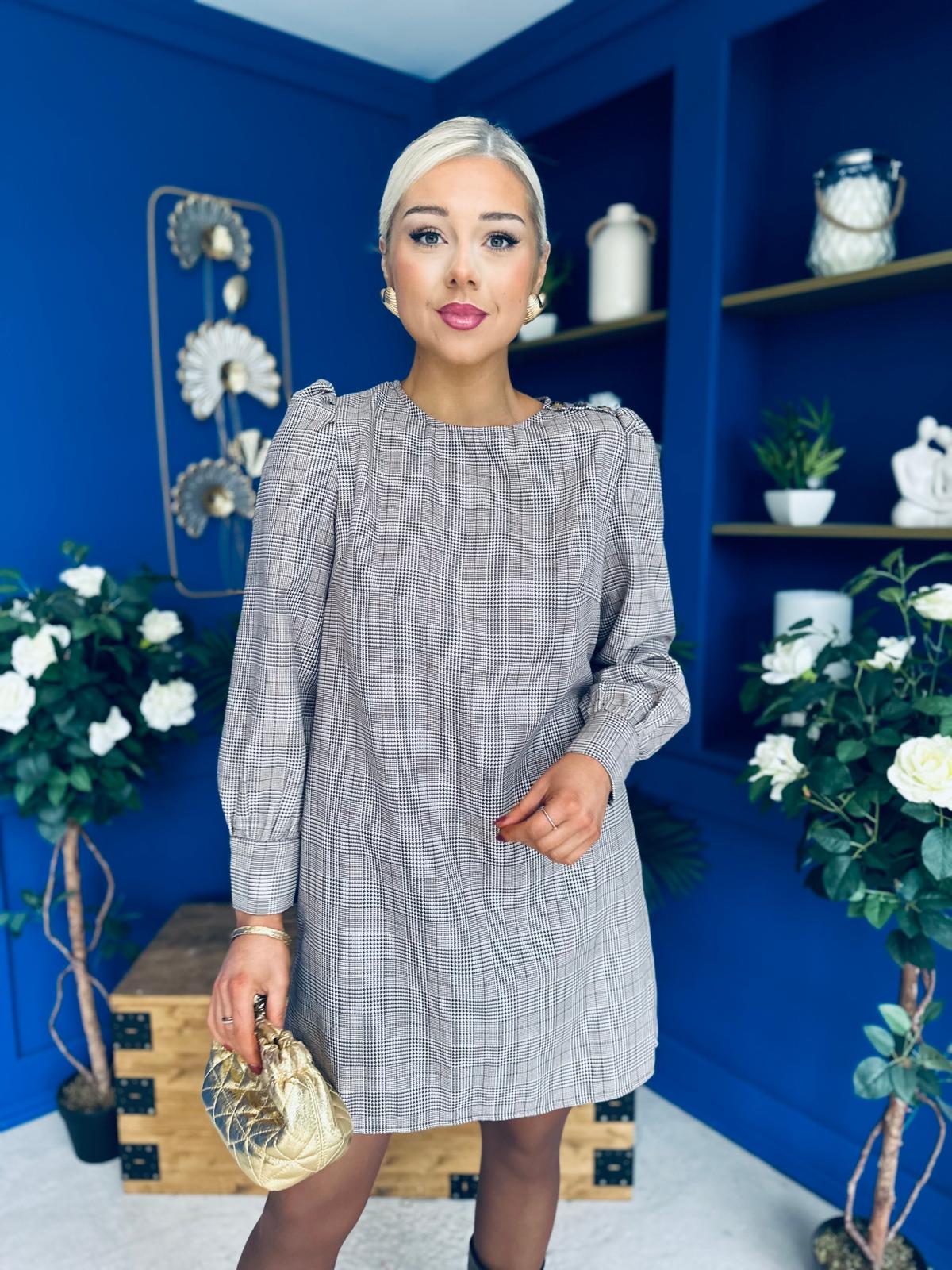 Stephanie Mini Shift Dress Taupe Check