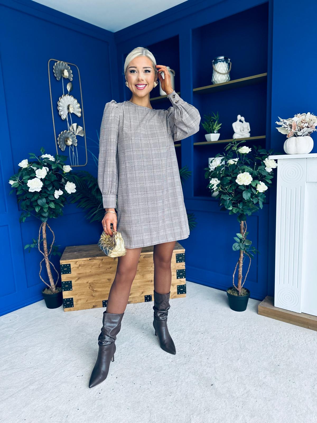 Stephanie Mini Shift Dress Taupe Check