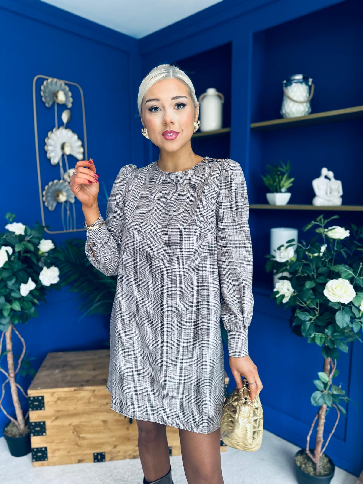 Stephanie Mini Shift Dress Taupe Check
