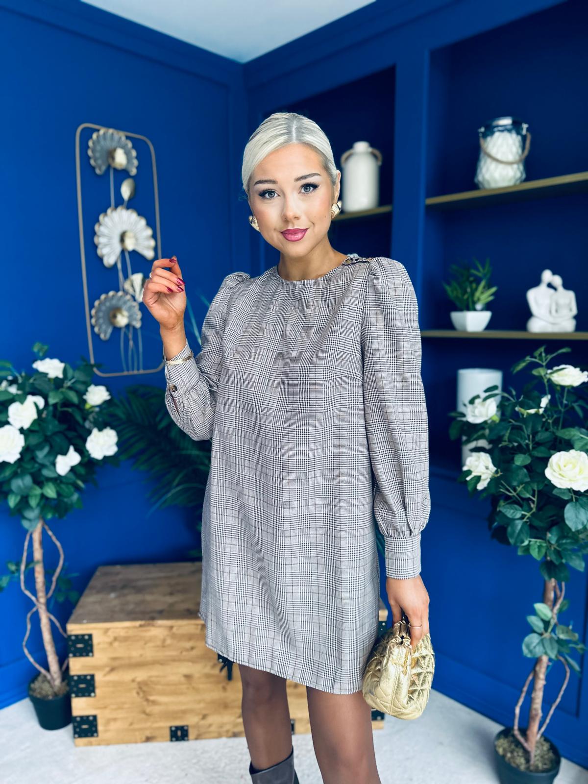Stephanie Mini Shift Dress Taupe Check