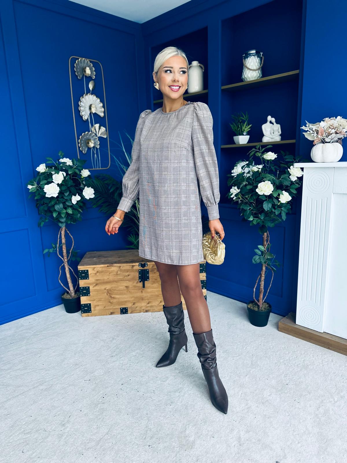 Stephanie Mini Shift Dress Taupe Check