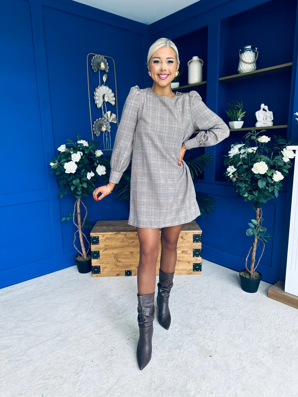 Stephanie Mini Shift Dress Taupe Check
