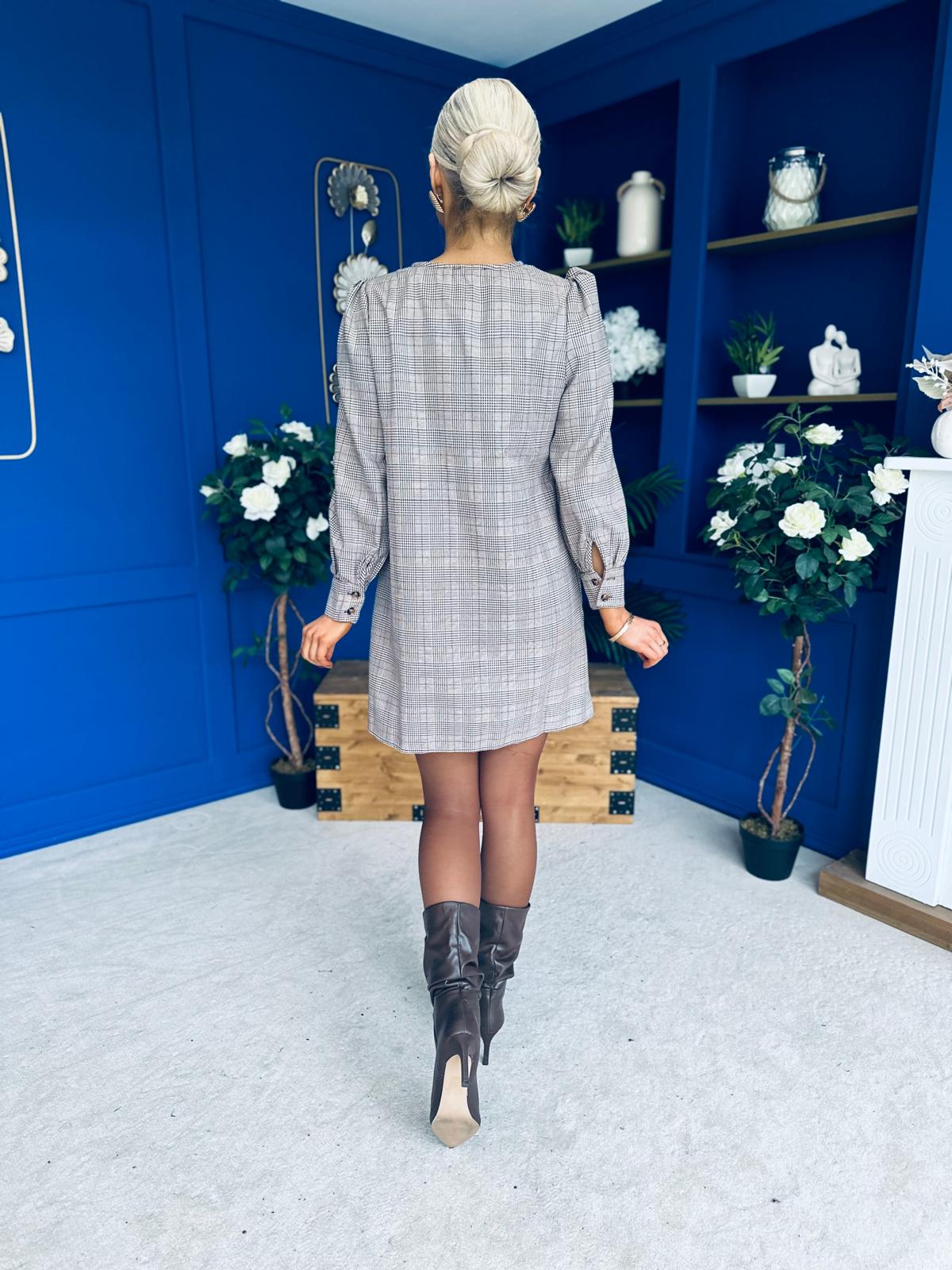Stephanie Mini Shift Dress Taupe Check