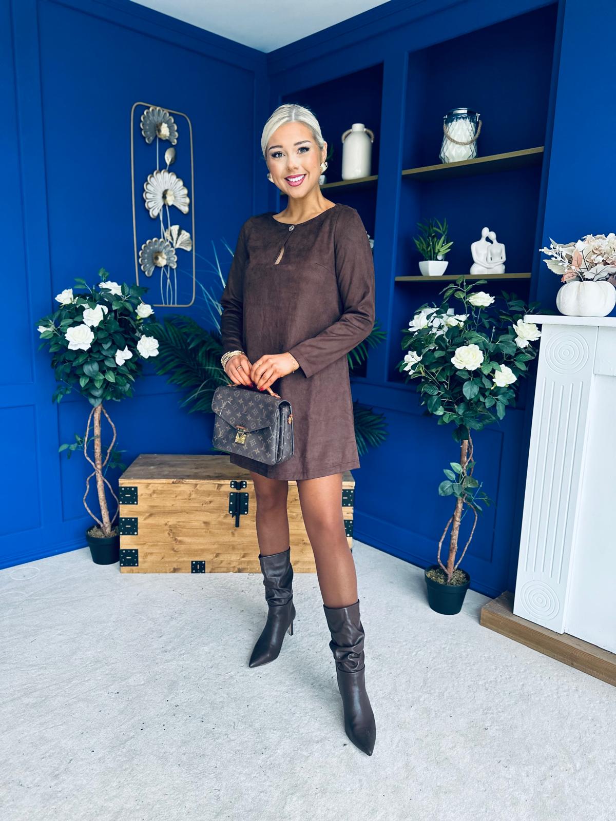 Codi Faux Suede Mini Shift Dress Chocolate