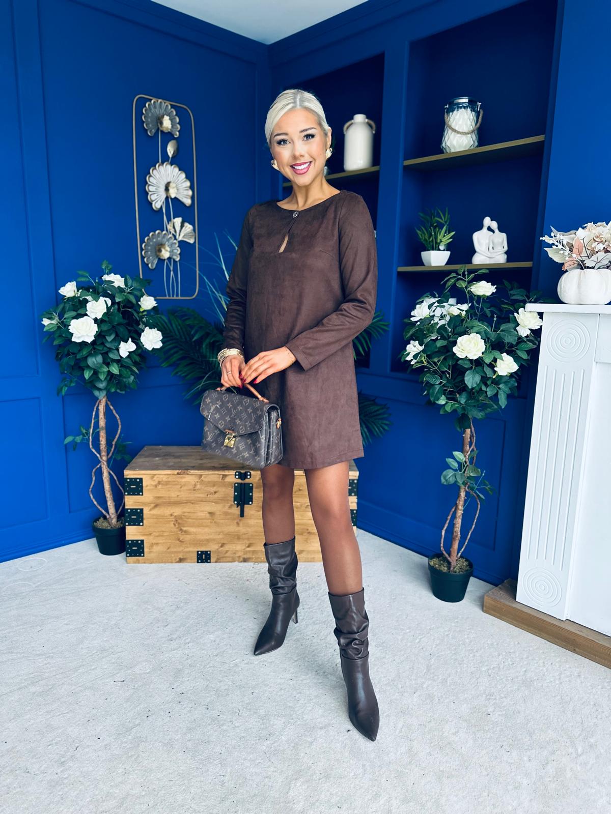 Codi Faux Suede Mini Shift Dress Chocolate