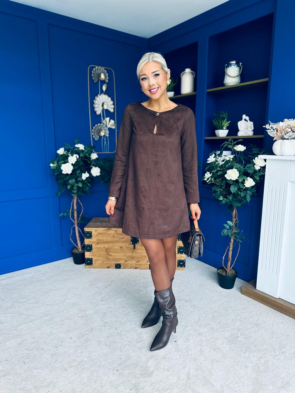 Codi Faux Suede Mini Shift Dress Chocolate