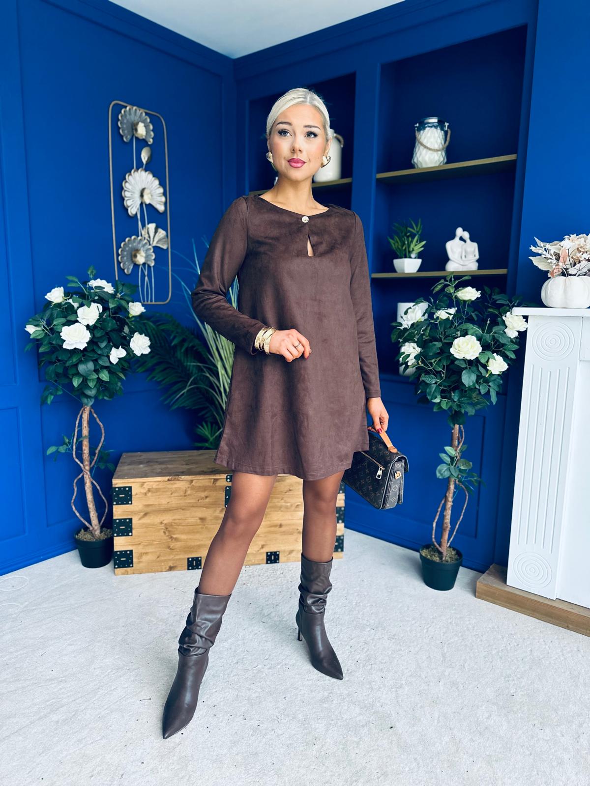 Codi Faux Suede Mini Shift Dress Chocolate