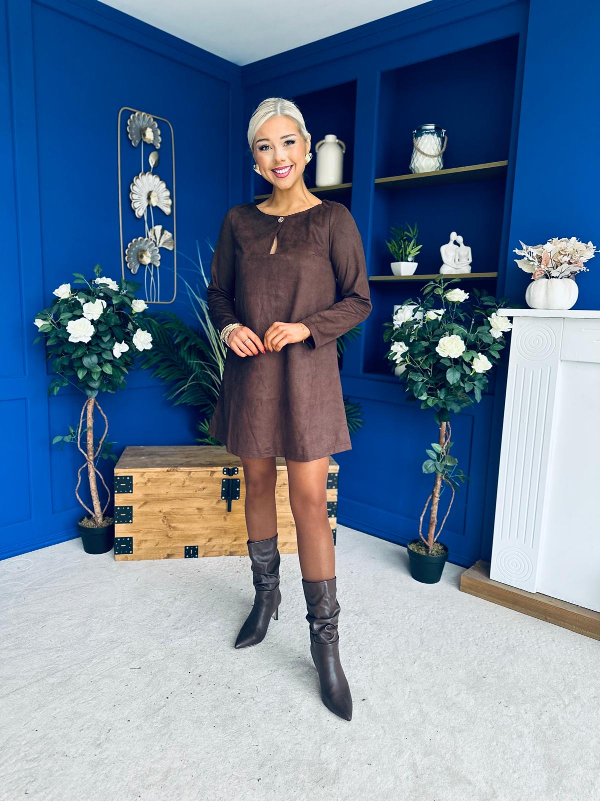 Codi Faux Suede Mini Shift Dress Chocolate