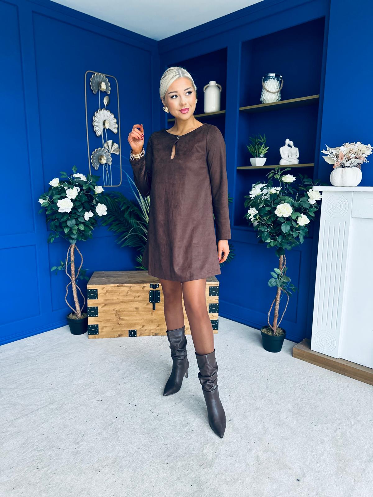 Codi Faux Suede Mini Shift Dress Chocolate