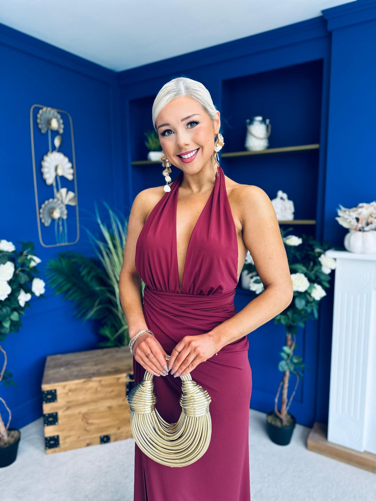 Kily Detailed Halterneck Maxi Dress Wine