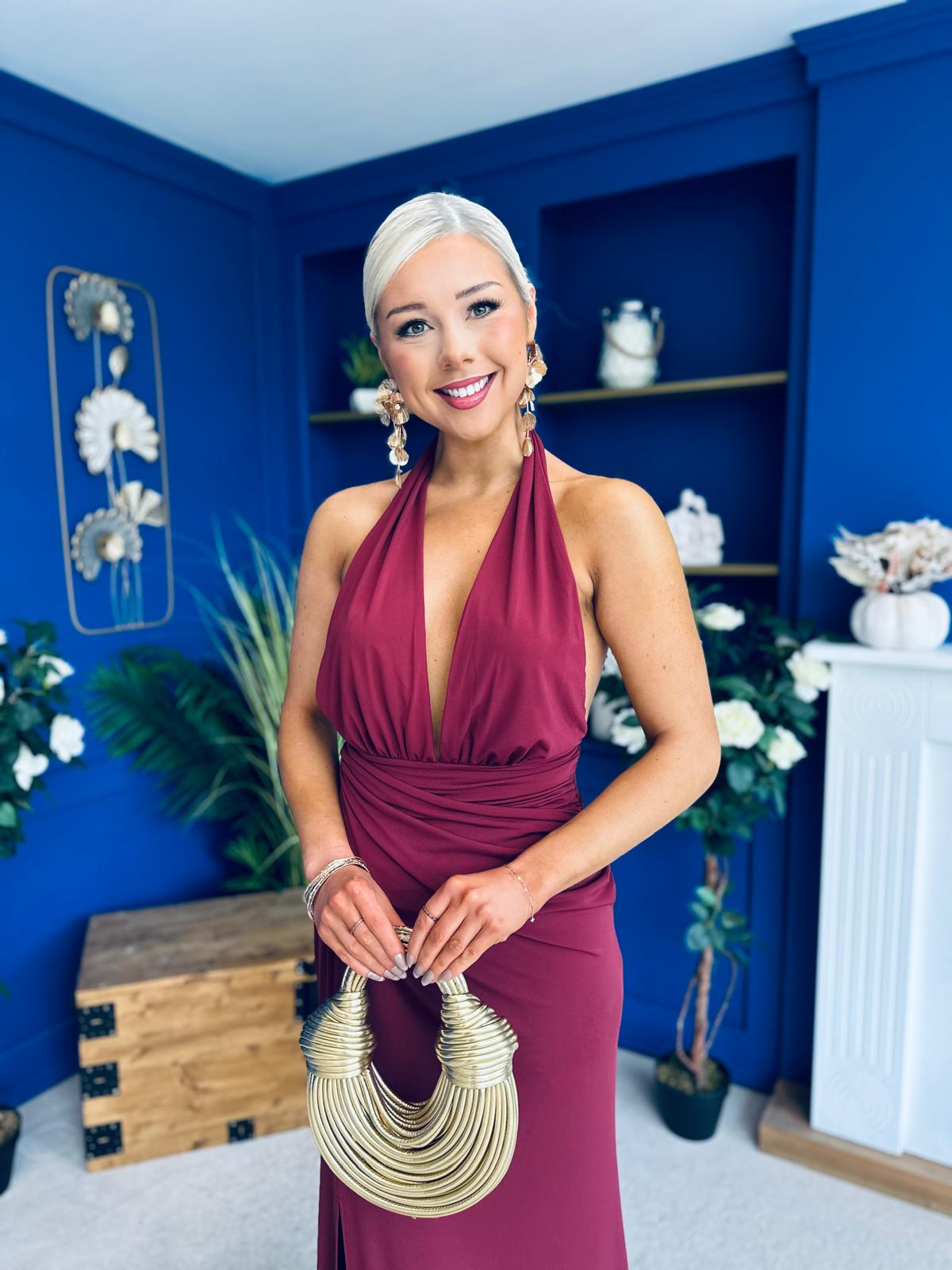 Kily Detailed Halterneck Maxi Dress Wine