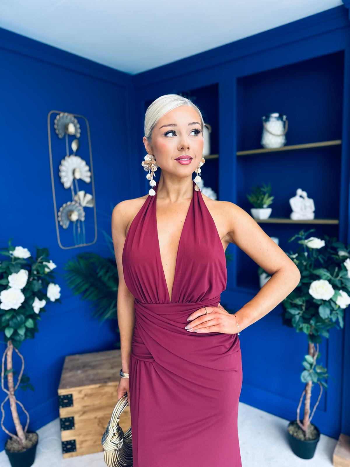 Kily Detailed Halterneck Maxi Dress Wine