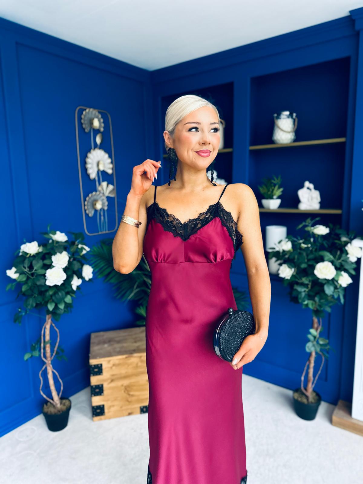 Brody Lace Detail Slinky Dress Wine