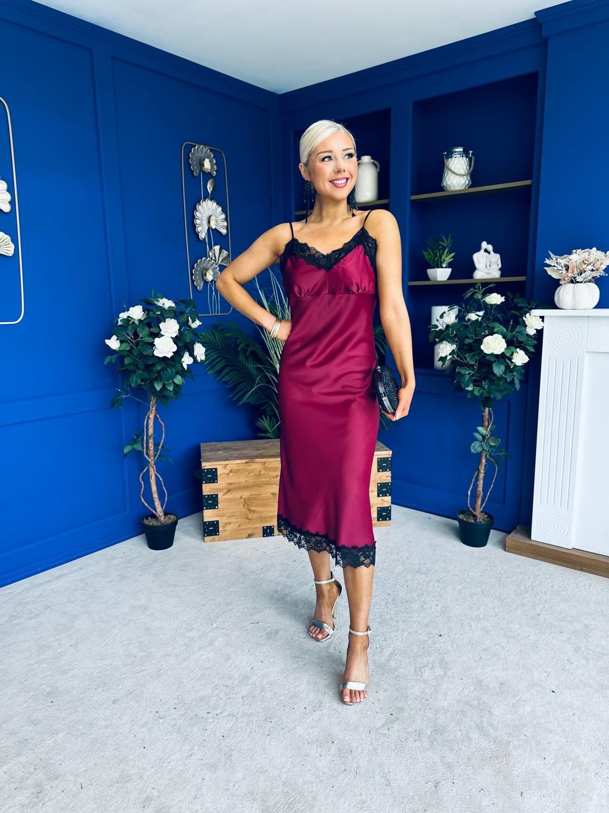 Brody Lace Detail Slinky Dress Wine